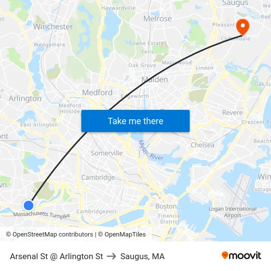 Arsenal St @ Arlington St to Saugus, MA map