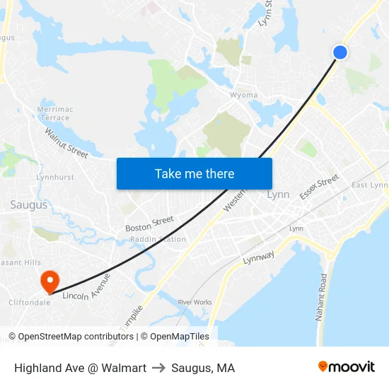 Highland Ave @ Walmart to Saugus, MA map