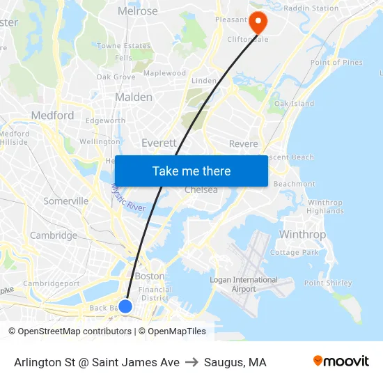 Arlington St @ Saint James Ave to Saugus, MA map