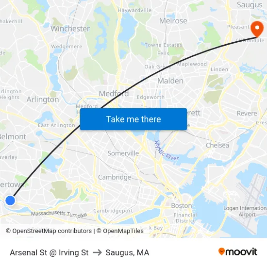 Arsenal St @ Irving St to Saugus, MA map