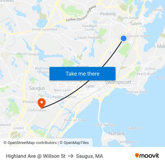Highland Ave @ Willson St to Saugus, MA map