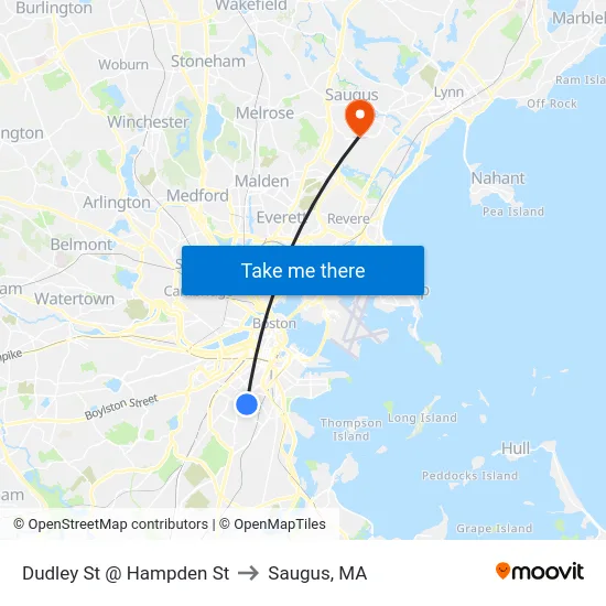 Dudley St @ Hampden St to Saugus, MA map