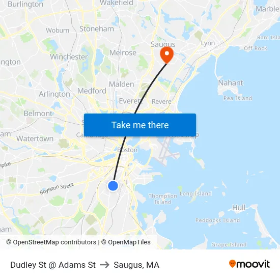 Dudley St @ Adams St to Saugus, MA map
