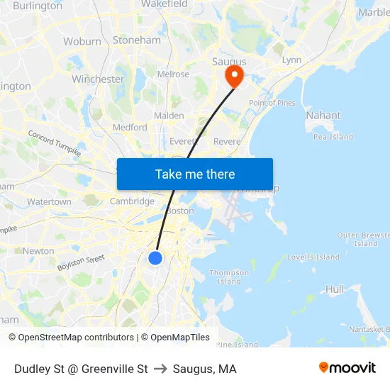 Dudley St @ Greenville St to Saugus, MA map