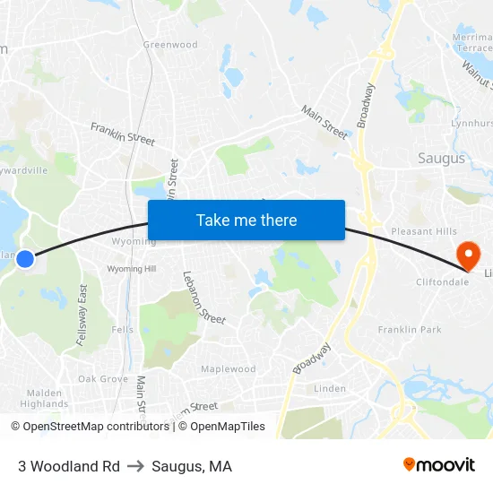 3 Woodland Rd to Saugus, MA map
