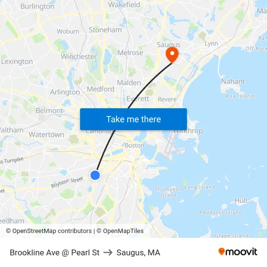 Brookline Ave @ Pearl St to Saugus, MA map