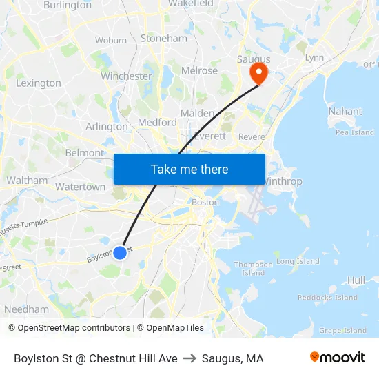 Boylston St @ Chestnut Hill Ave to Saugus, MA map