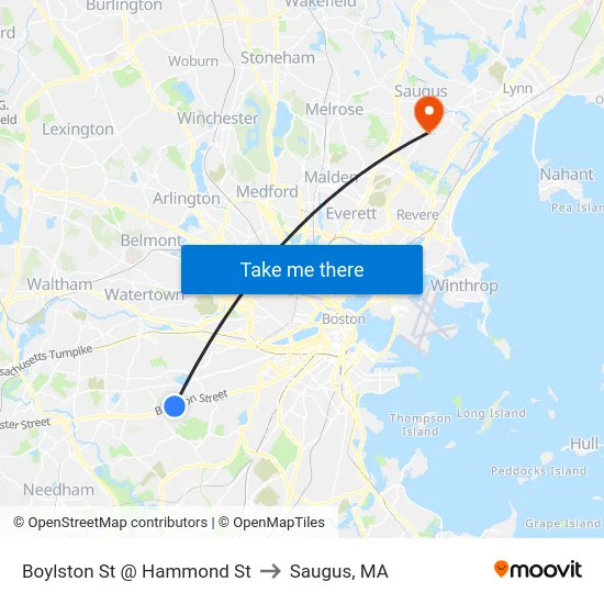 Boylston St @ Hammond St to Saugus, MA map