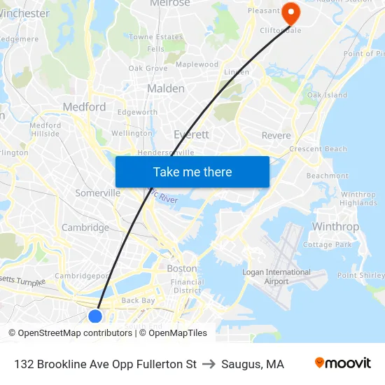 132 Brookline Ave Opp Fullerton St to Saugus, MA map
