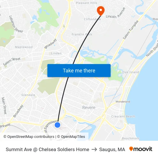Summit Ave @ Chelsea Soldiers Home to Saugus, MA map