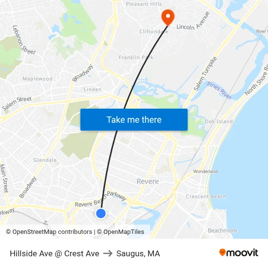 Hillside Ave @ Crest Ave to Saugus, MA map