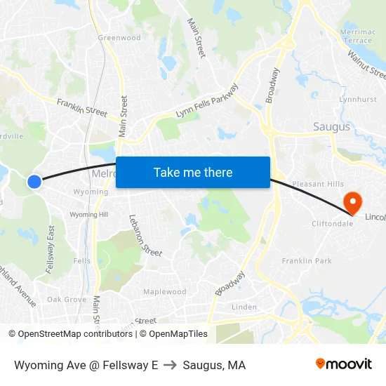 Wyoming Ave @ Fellsway E to Saugus, MA map