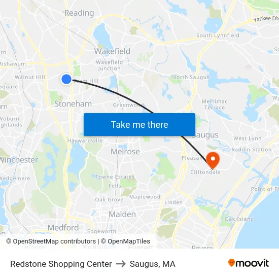 Redstone Shopping Center to Saugus, MA map