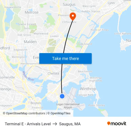 Terminal E - Arrivals Level to Saugus, MA map