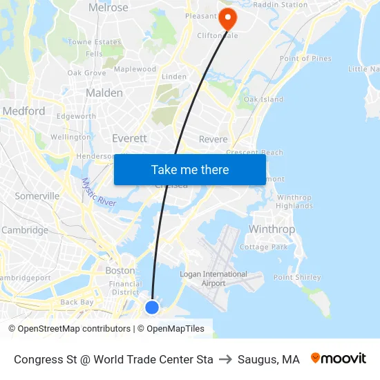 Congress St @ World Trade Center Sta to Saugus, MA map
