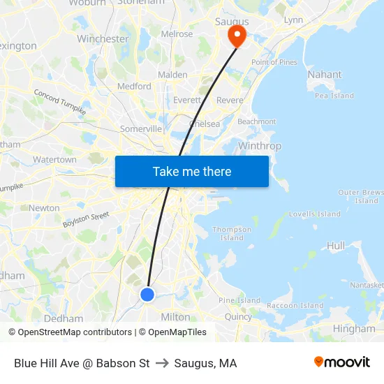 Blue Hill Ave @ Babson St to Saugus, MA map