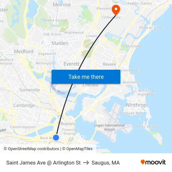 Saint James Ave @ Arlington St to Saugus, MA map