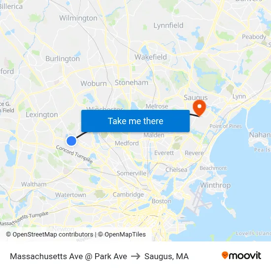 Massachusetts Ave @ Park Ave to Saugus, MA map