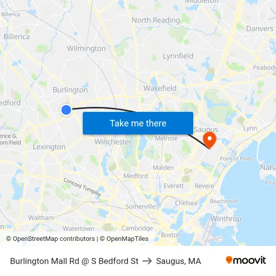 Burlington Mall Rd @ S Bedford St to Saugus, MA map
