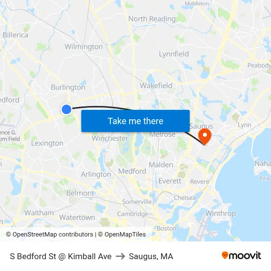S Bedford St @ Kimball Ave to Saugus, MA map