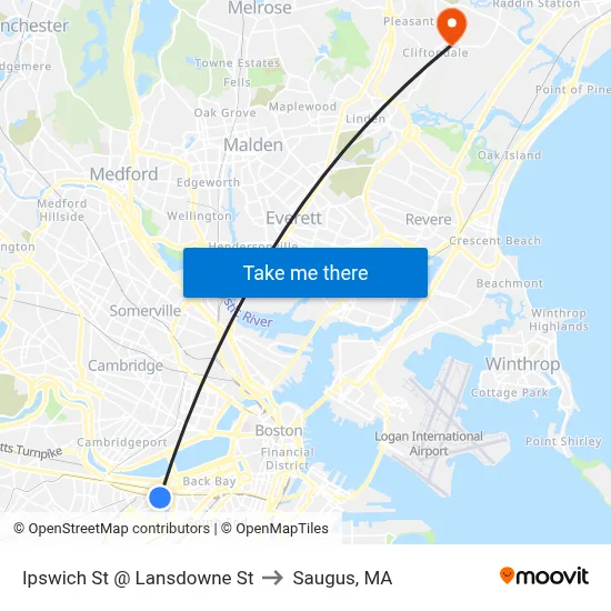 Ipswich St @ Lansdowne St to Saugus, MA map