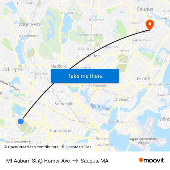Mt Auburn St @ Homer Ave to Saugus, MA map