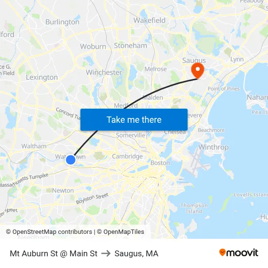 Mt Auburn St @ Main St to Saugus, MA map