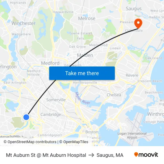 Mt Auburn St @ Mt Auburn Hospital to Saugus, MA map
