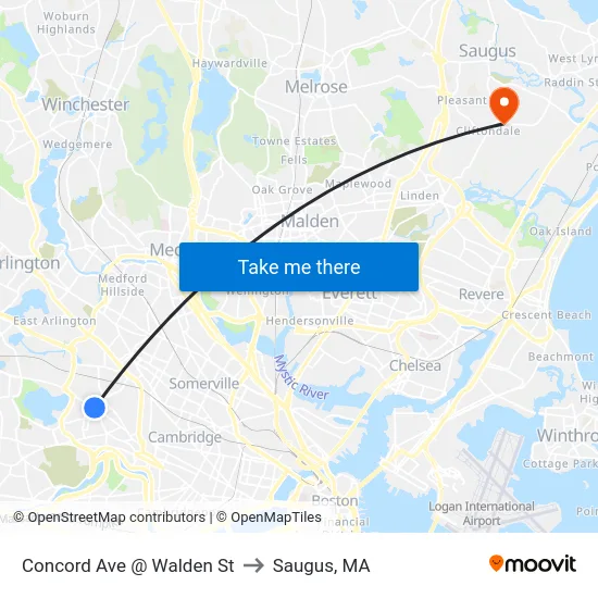 Concord Ave @ Walden St to Saugus, MA map