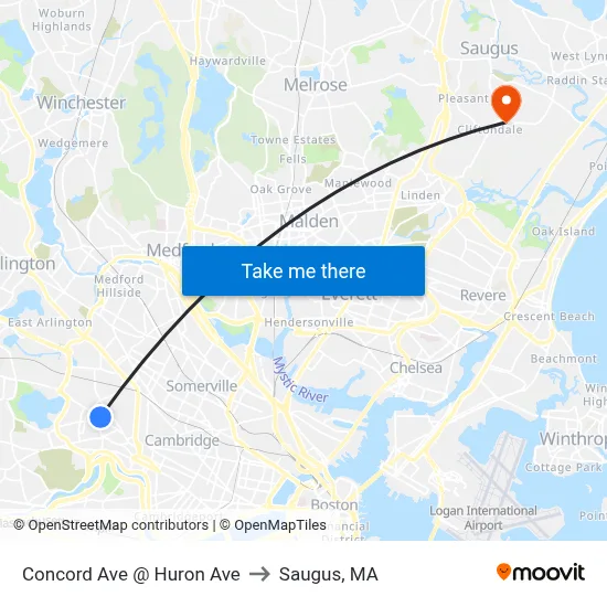 Concord Ave @ Huron Ave to Saugus, MA map