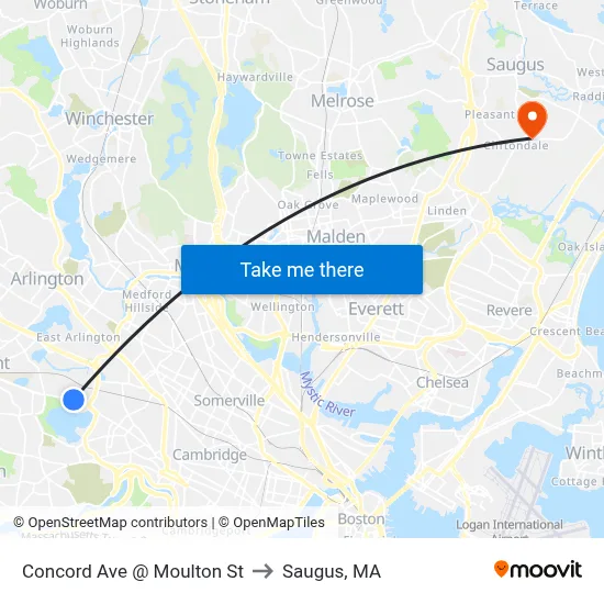 Concord Ave @ Moulton St to Saugus, MA map