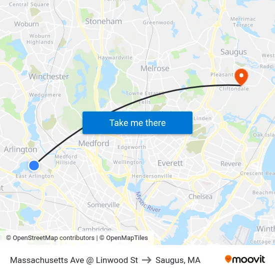 Massachusetts Ave @ Linwood St to Saugus, MA map