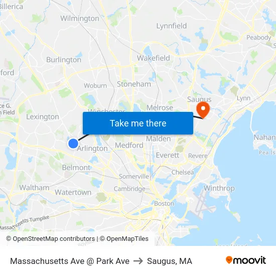 Massachusetts Ave @ Park Ave to Saugus, MA map