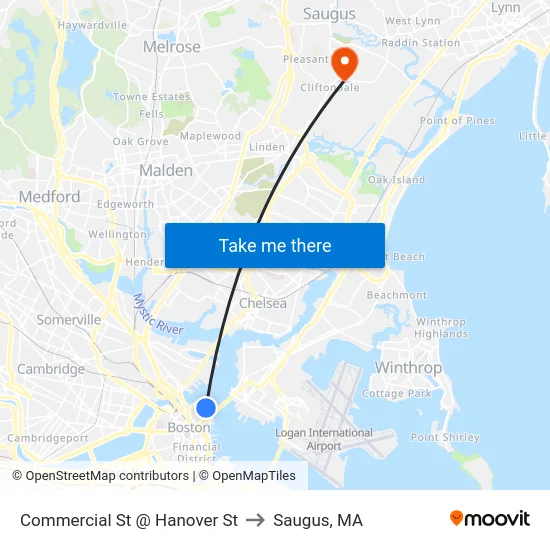Commercial St @ Hanover St to Saugus, MA map