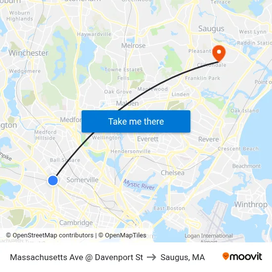 Massachusetts Ave @ Davenport St to Saugus, MA map