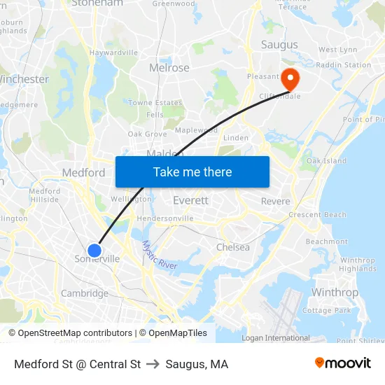Medford St @ Central St to Saugus, MA map