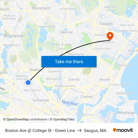 Boston Ave @ College St - Green Line to Saugus, MA map