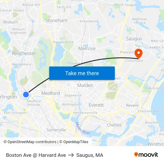 Boston Ave @ Harvard Ave to Saugus, MA map