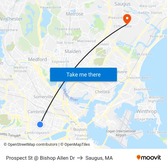 Prospect St @ Bishop Allen Dr to Saugus, MA map