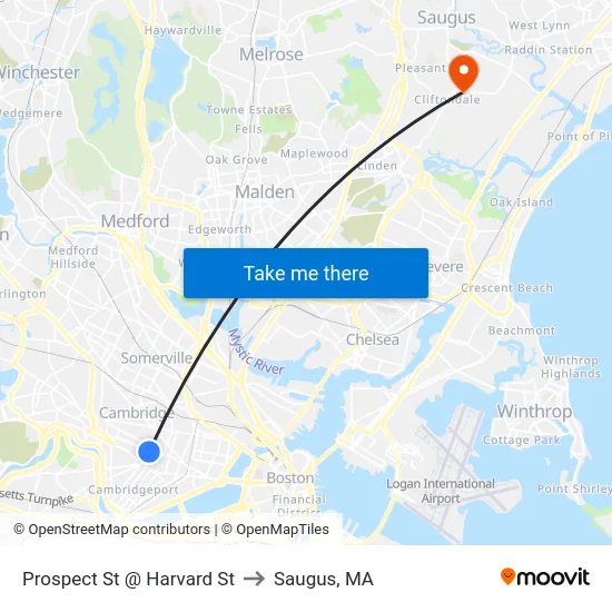 Prospect St @ Harvard St to Saugus, MA map