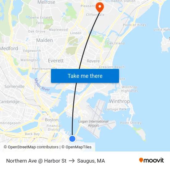 Northern Ave @ Harbor St to Saugus, MA map
