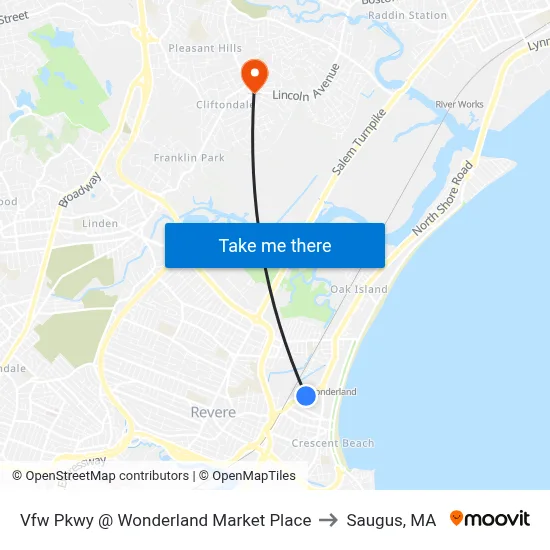 Vfw Pkwy @ Wonderland Market Place to Saugus, MA map