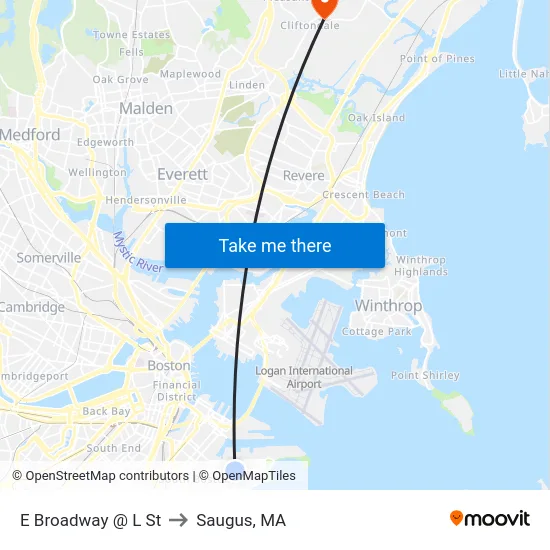 E Broadway @ L St to Saugus, MA map
