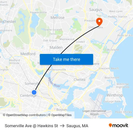 Somerville Ave @ Hawkins St to Saugus, MA map