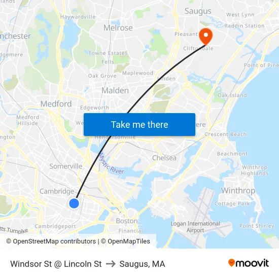 Windsor St @ Lincoln St to Saugus, MA map