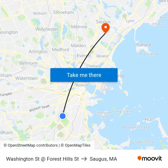 Washington St @ Forest Hills St to Saugus, MA map