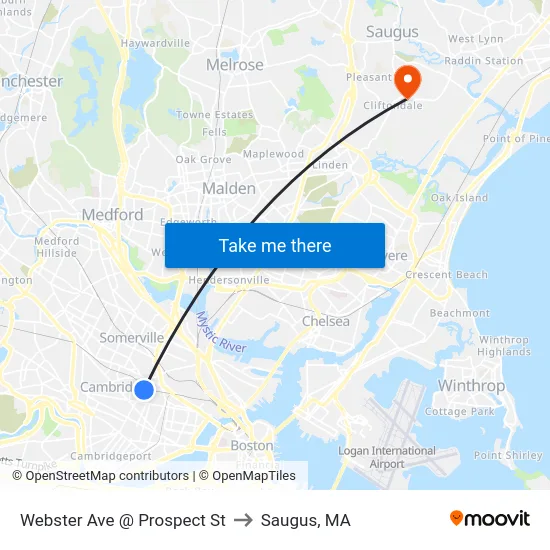 Webster Ave @ Prospect St to Saugus, MA map