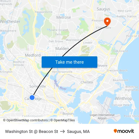 Washington St @ Beacon St to Saugus, MA map