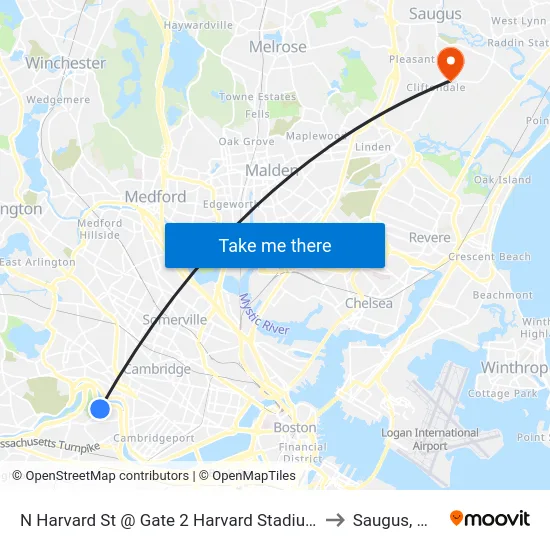 N Harvard St @ Gate 2 Harvard Stadium to Saugus, MA map