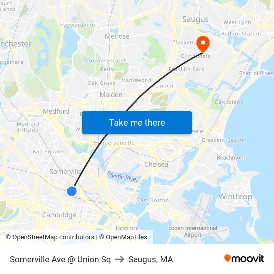 Somerville Ave @ Union Sq to Saugus, MA map
